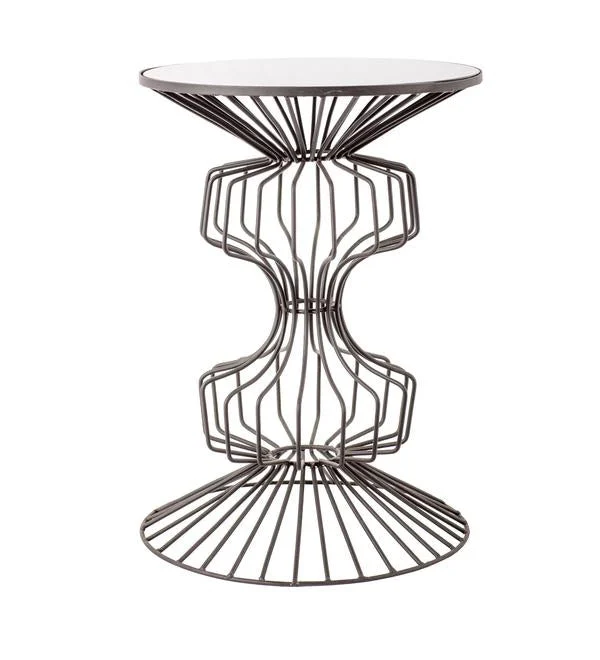 Benzara Glass Top Metal Table with Geometric Wire Base, Clear and Gray
