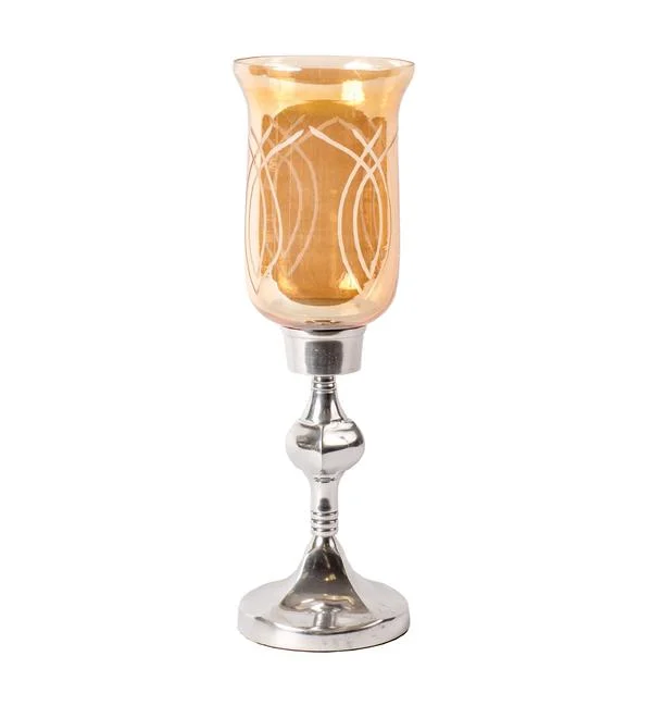 Benzara Tinted Glass Candle Hurricane with Metal Pedestal Base, Silver and Orange