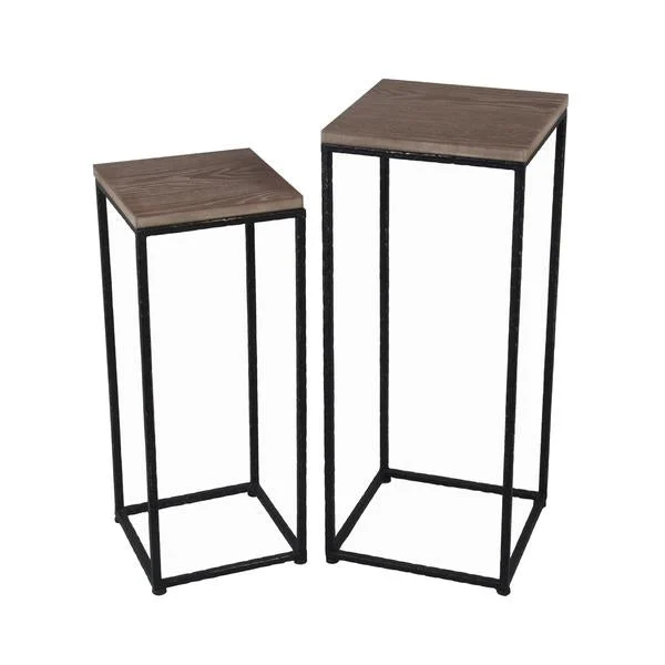 Benzara 2 Piece Metal Accent Table Set with Square Wooden Top, Brown and Black