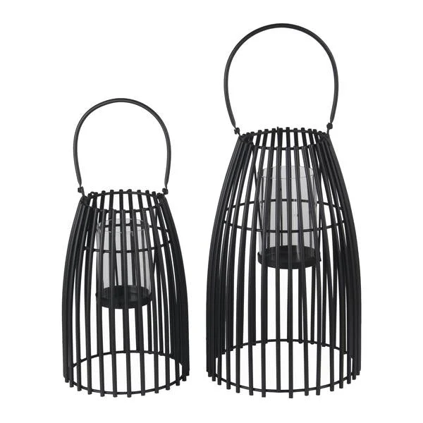 Benzara 2 Piece Slated Design Metal Lantern Set with Glass Hurricane, Black