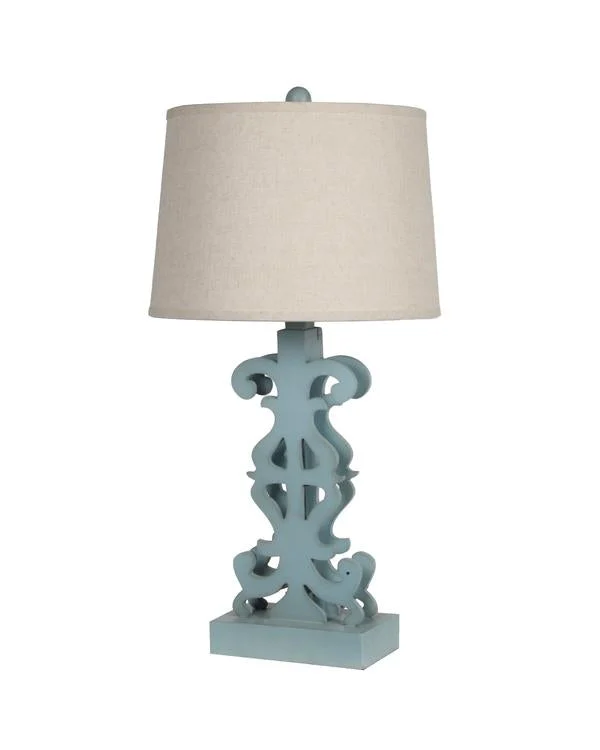 Benzara Carved Wooden Table Lamp with Fabric Empire Shade, Blue and Beige