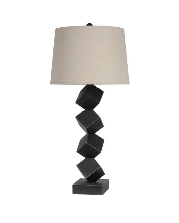 Benzara Wooden Table Lamp with Cubical Base and Empire Shade, Black and Beige