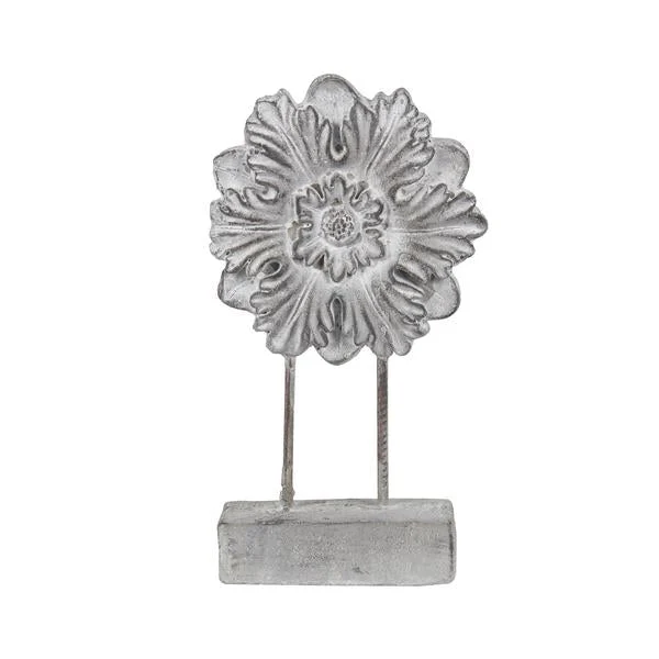 Benzara Cement and Metal Floral Sculpture with Block Base, Large, Gray