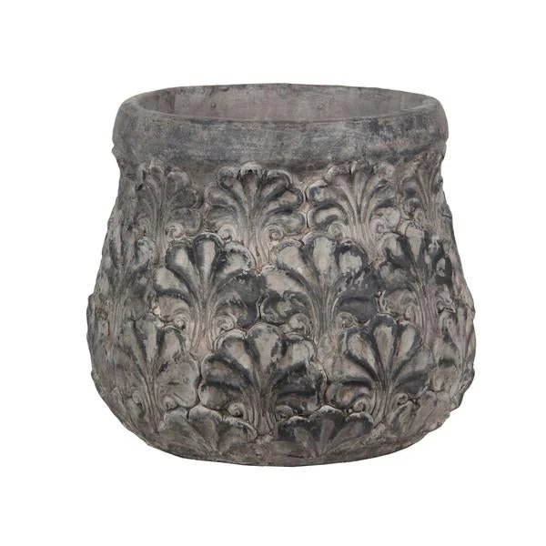 Benzara Decorative Traditional Cement Urn with Floral Inlays, Large, Gray