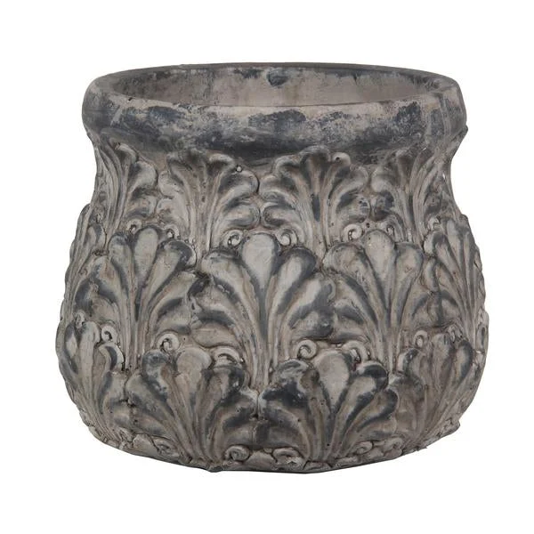 Benzara Decorative Traditional Cement Urn with Floral Inlays, Small Gray