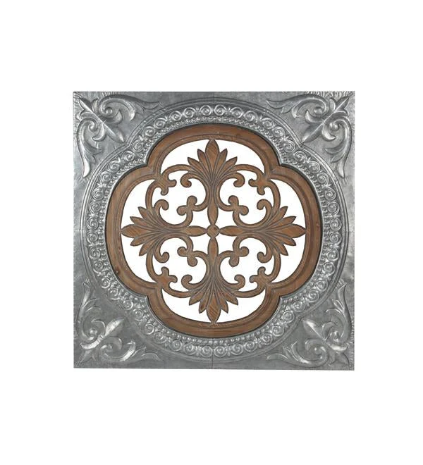 Benzara Traditional Style Metal and Wood Pierced Wall Decor, Silver