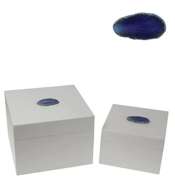 Benzara 2 Piece Contemporary Style Square Metal Box with Agate, White and Blue