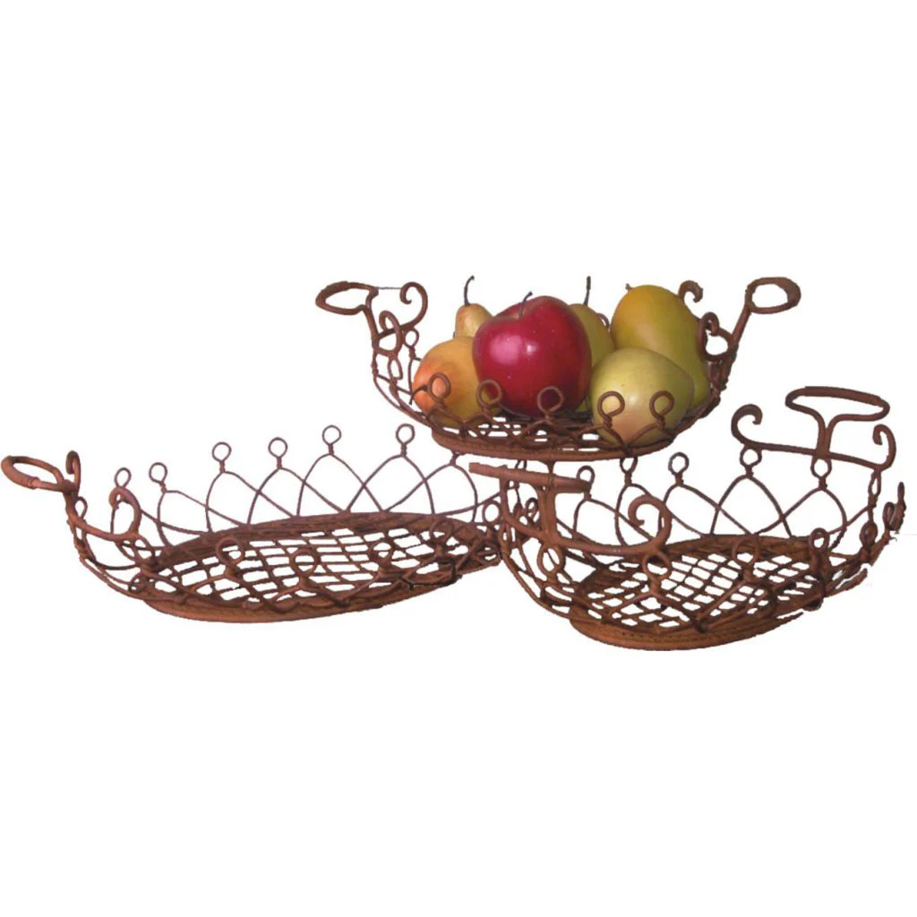 Benzara Traditional Oval Shaped Metal Basket with Net Pattern, Set of 3, Brown