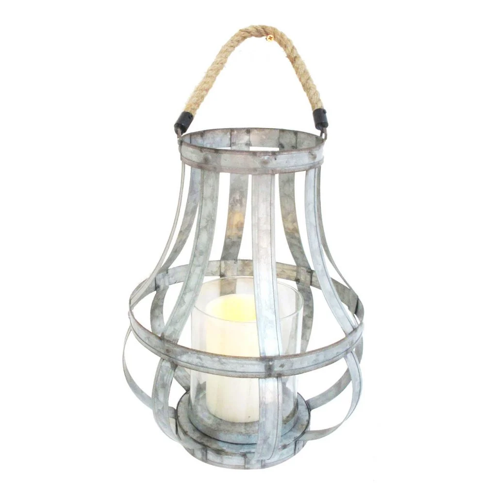 Benzara Cage Design Metal Bellied Candle Holder with Rope Handle, Silver