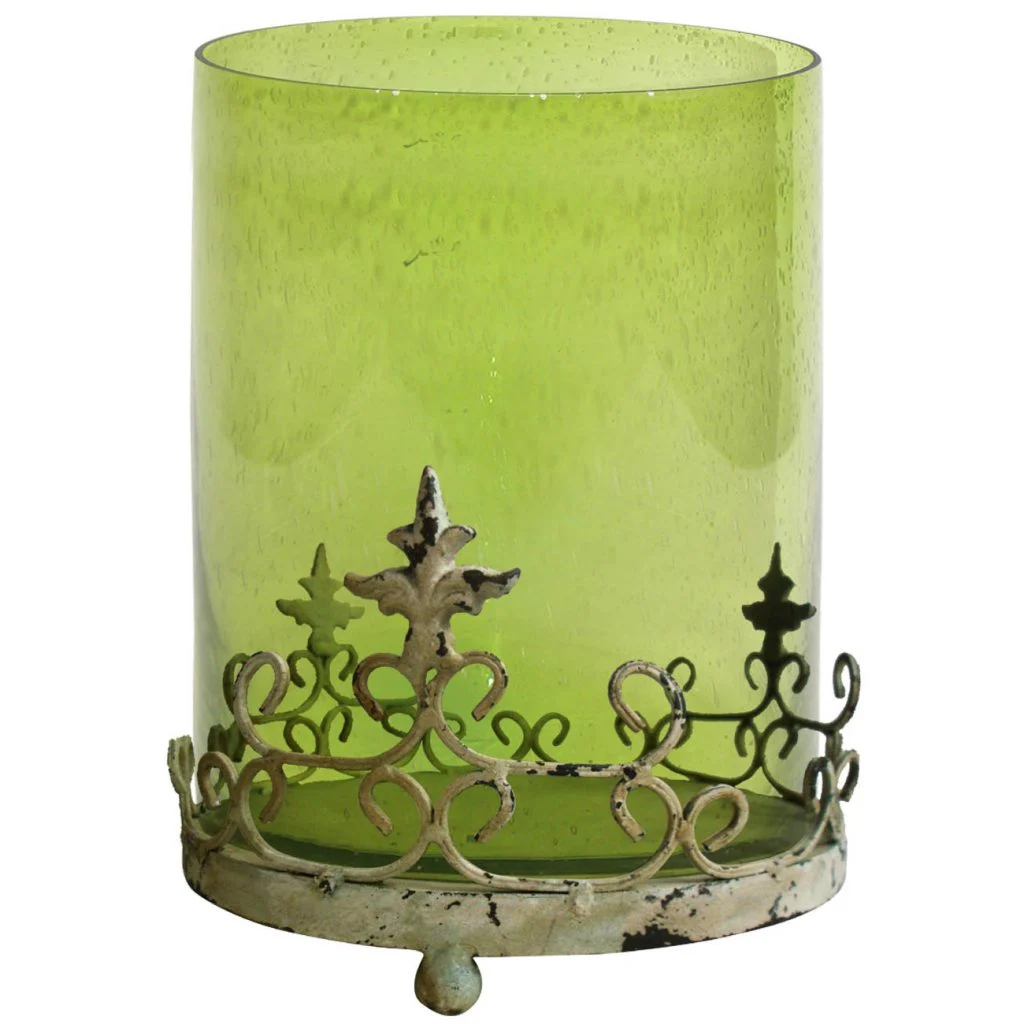 Benzara Traditional Style Glass Candle Holder with Scrolled Metal Stand, Green