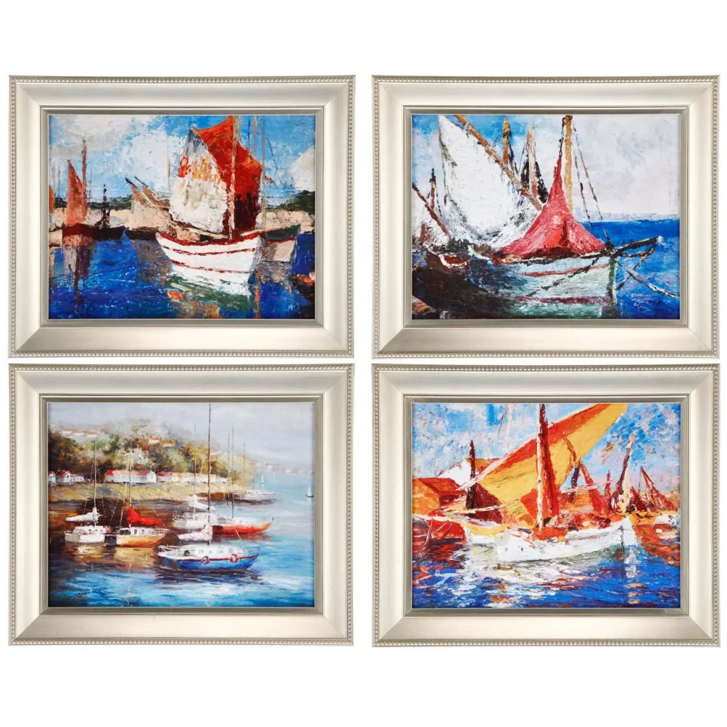 Benzara Modern Style Metal Frames with Boat Scene Paintings, Set of 4, Silver
