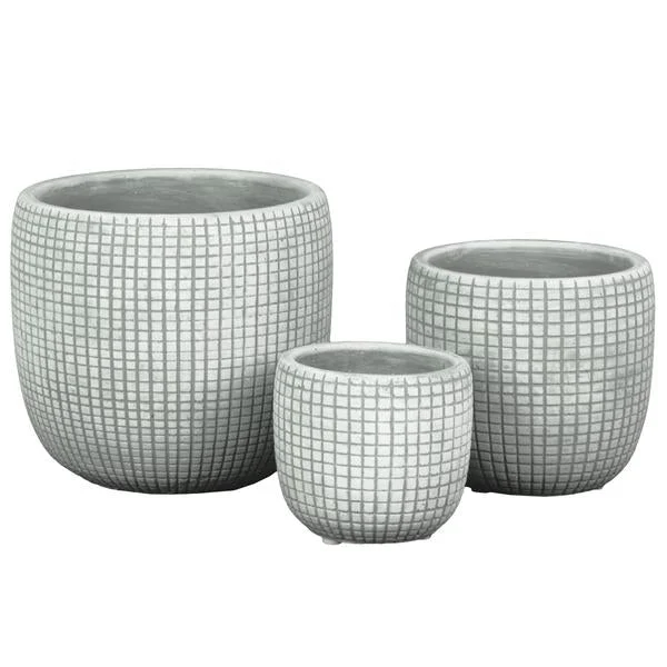 Benzara Round Cement Pot with Textured Square Lattice Engraving, Set of 3, Gray