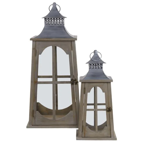 Benzara 2 Piece Window Pane Design Wooden Lantern with Glass in Sets,Brown and Clear