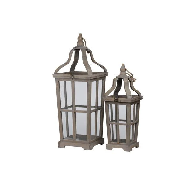 Benzara 2 Piece Curved Ribbon Open Top Lantern with Window Pane Design, Brown