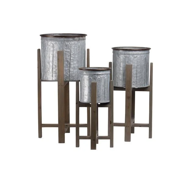 Benzara 3 Piece Round Vented Design Metal Planters with Copper Rim, Gray and Brown