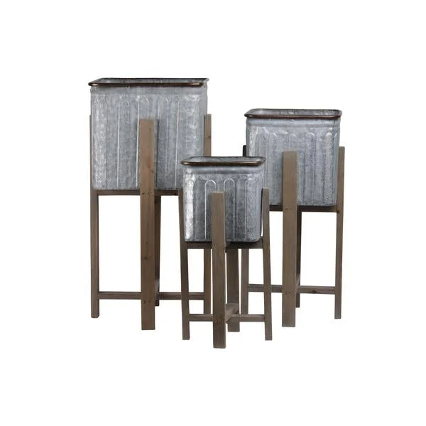 Benzara 3 Piece Square Vented Design Metal Planters with Copper Rim, Gray and Brown