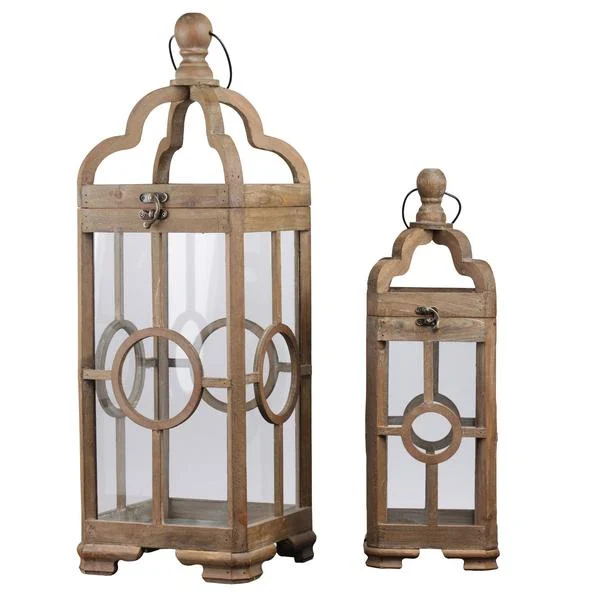Benzara Lantern with Round Finial Top and Center Circle Panes, Set of 2, Brown