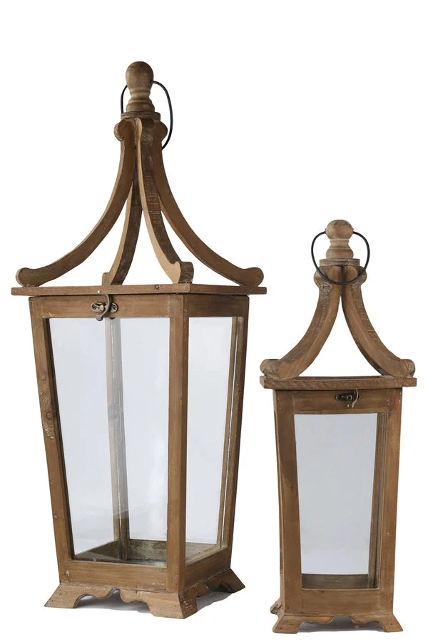 Benzara Wooden Lantern with Temple Top and Glass Panes, Set of 2, Brown