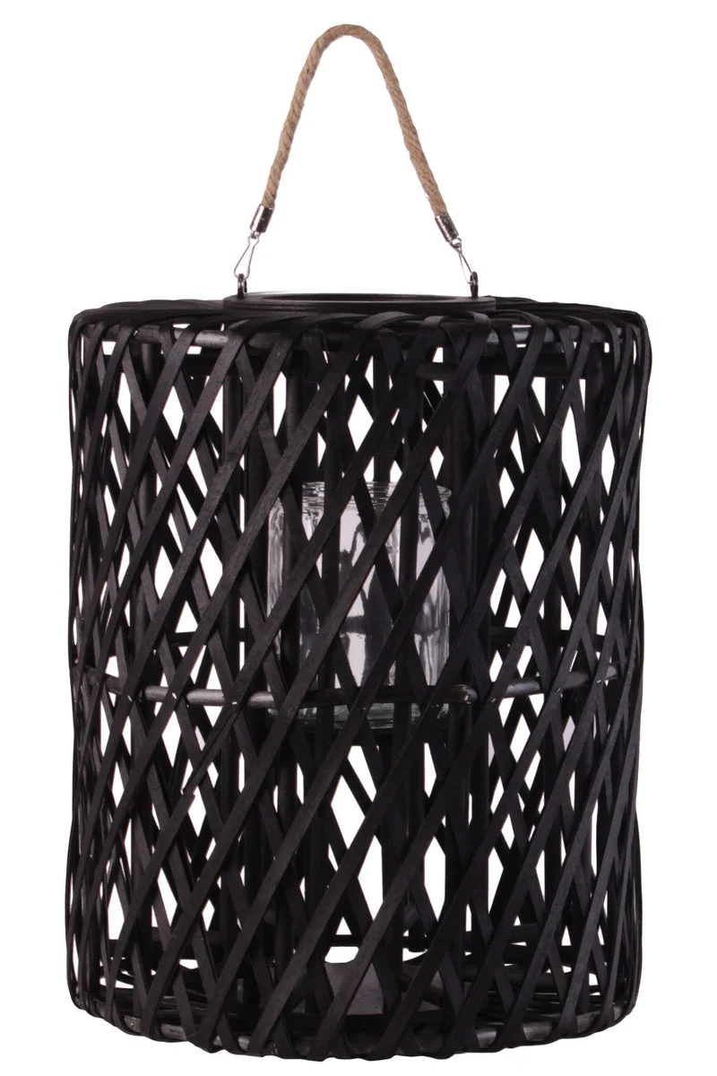 Benzara Lattice Design Cylindrical Wooden Lantern with Rope Handle, Large, Black