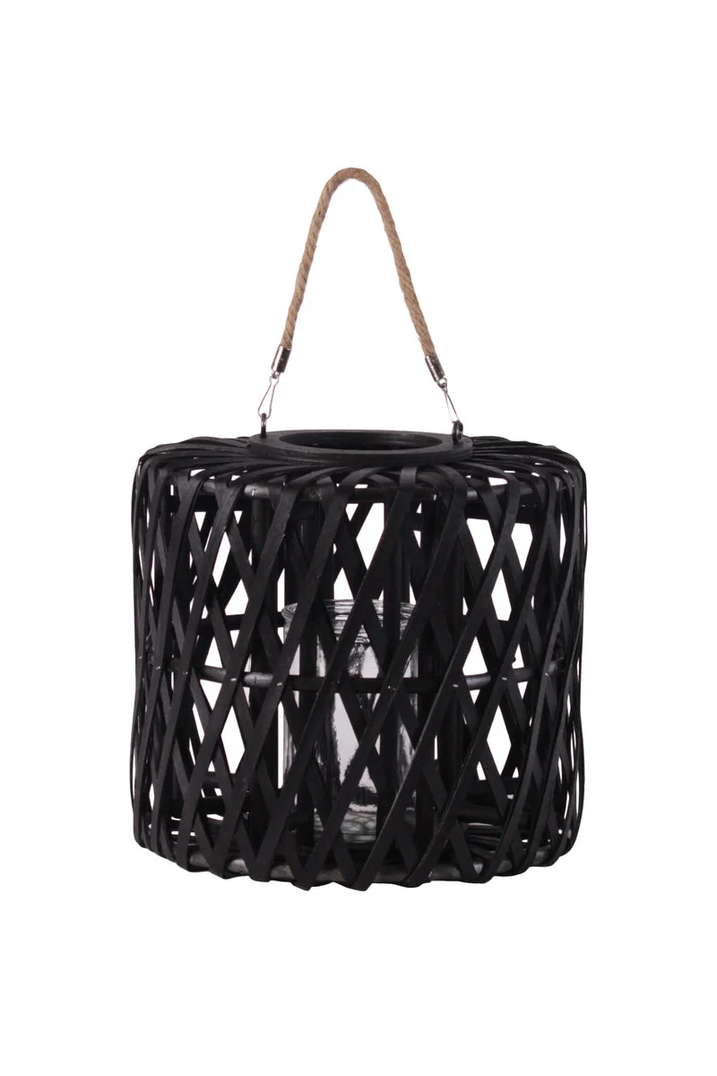 Benzara Lattice Design Cylindrical Wooden Lantern with Rope Handle, Medium, Black