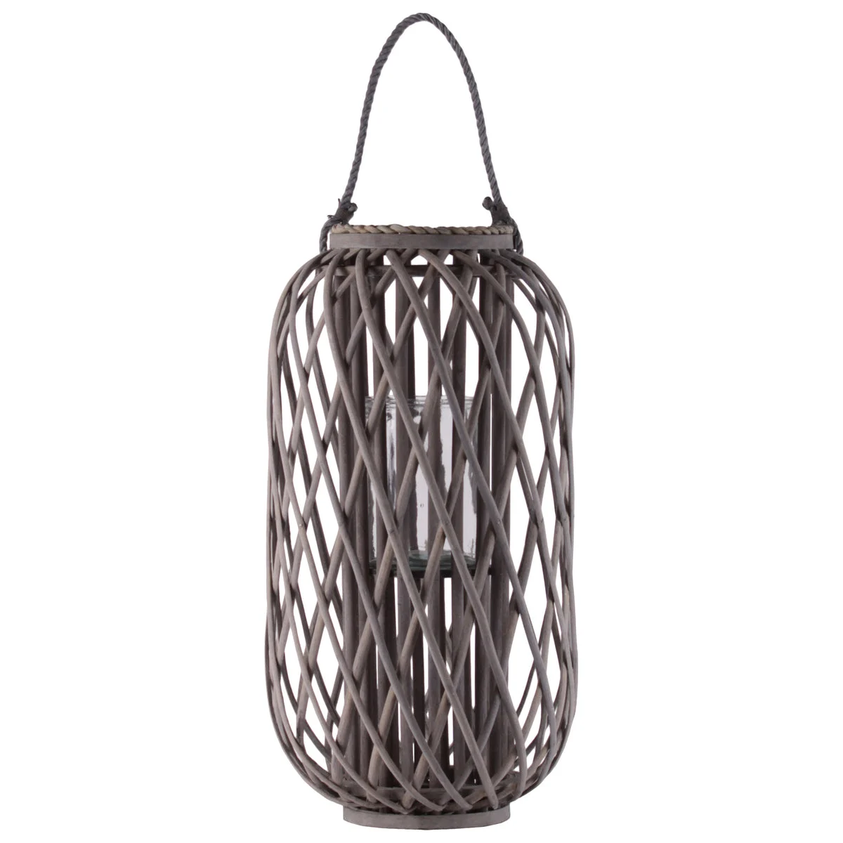 Benzara 23.50 Inch BamBoo Lantern with Lattice Design and Braided Rope Handle,Brown