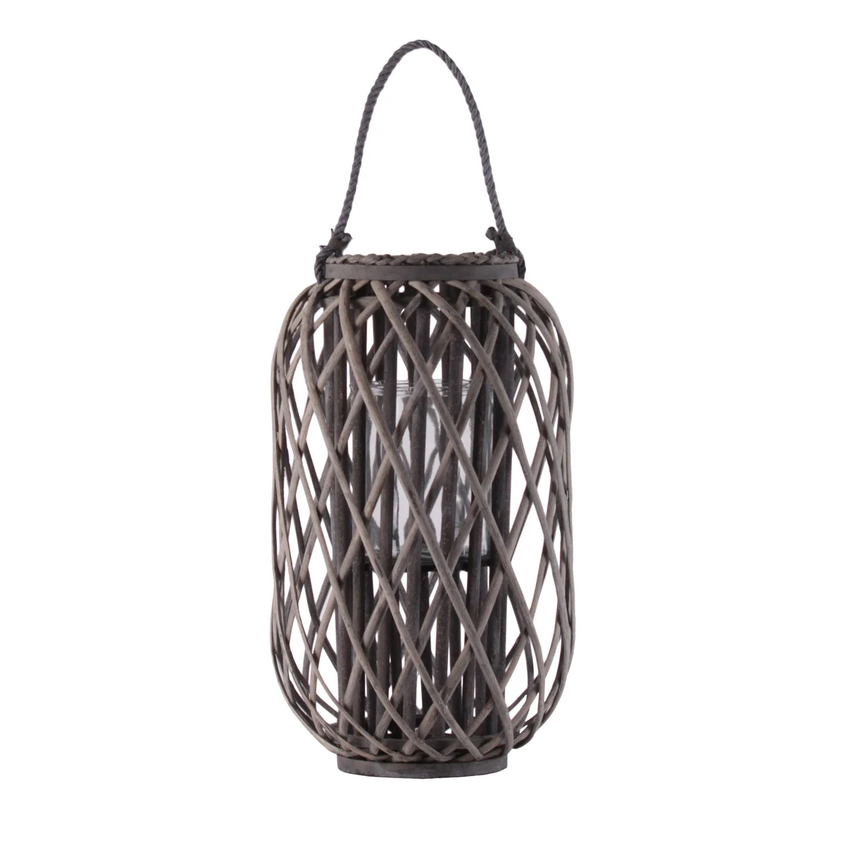 Benzara 19.50 Inch BamBoo Lantern with Lattice Design and Braided Rope Handle,Brown