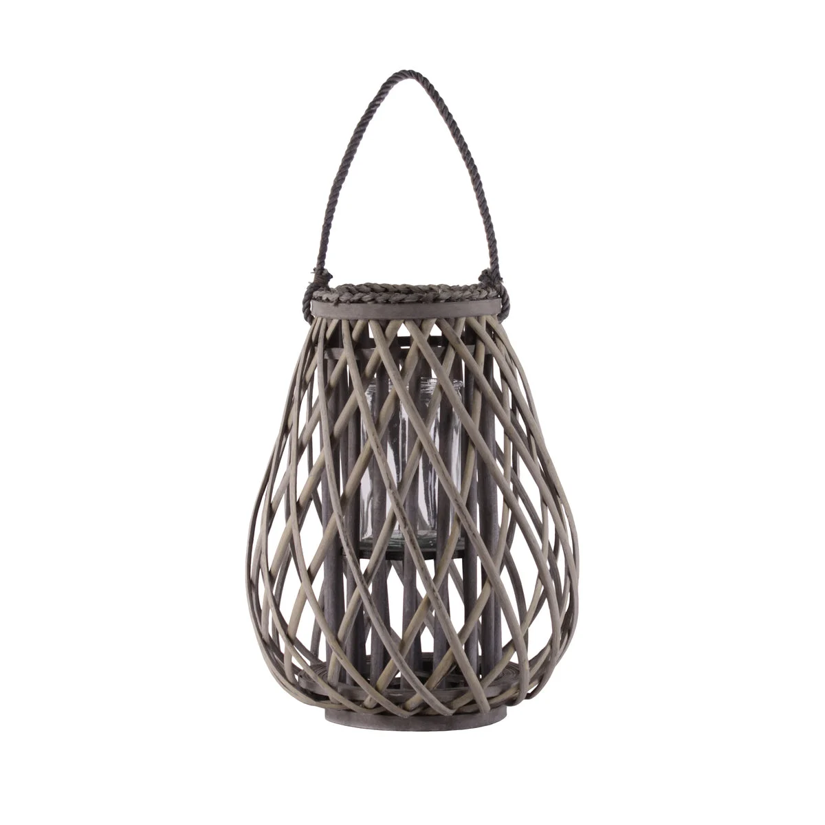 Benzara Bellied BamBoo Lantern with Lattice Design and Rope Handle, Medium, Brown