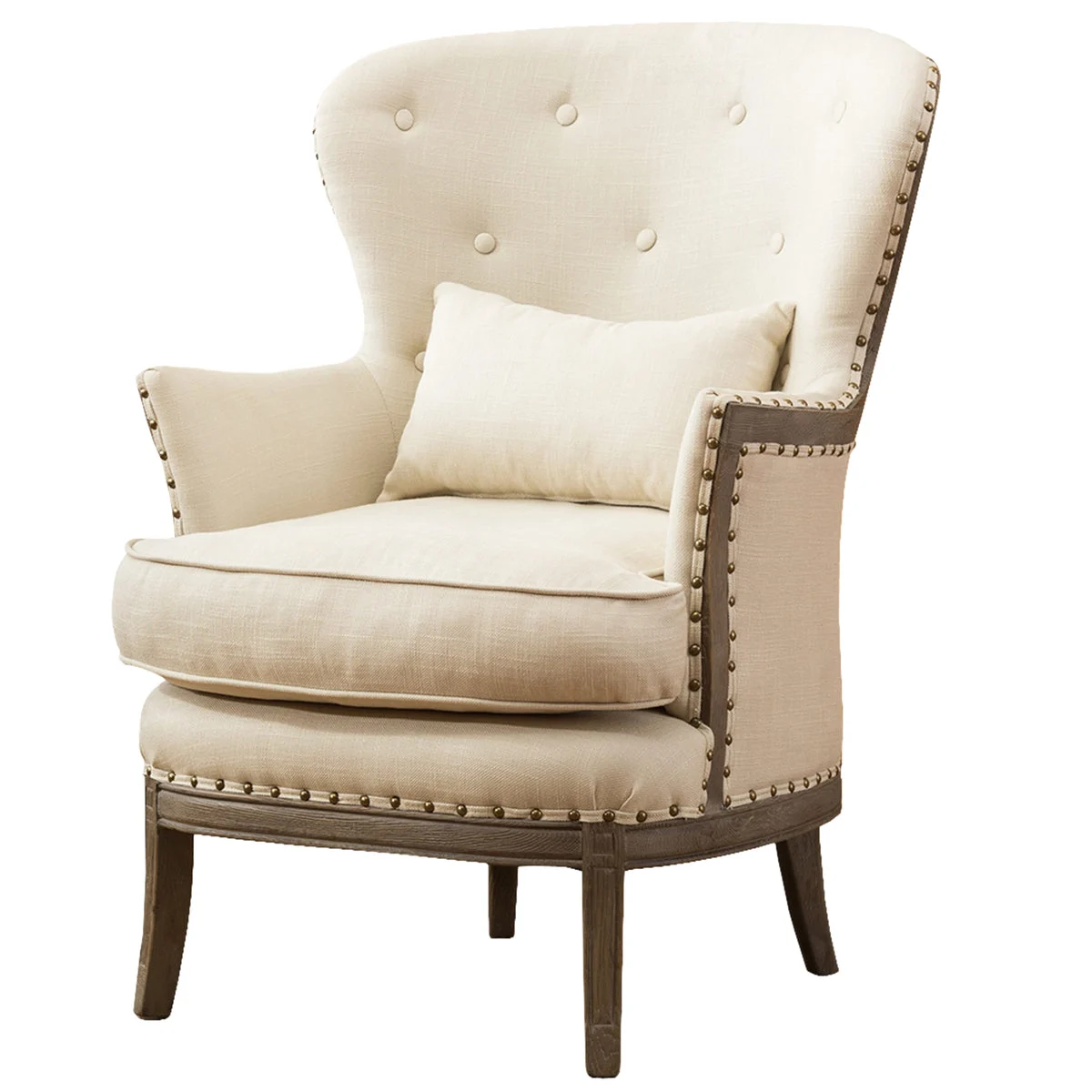 Benzara Demi Wing Back Fabric Upholstered Accent Chair, Cream and Oak Brown