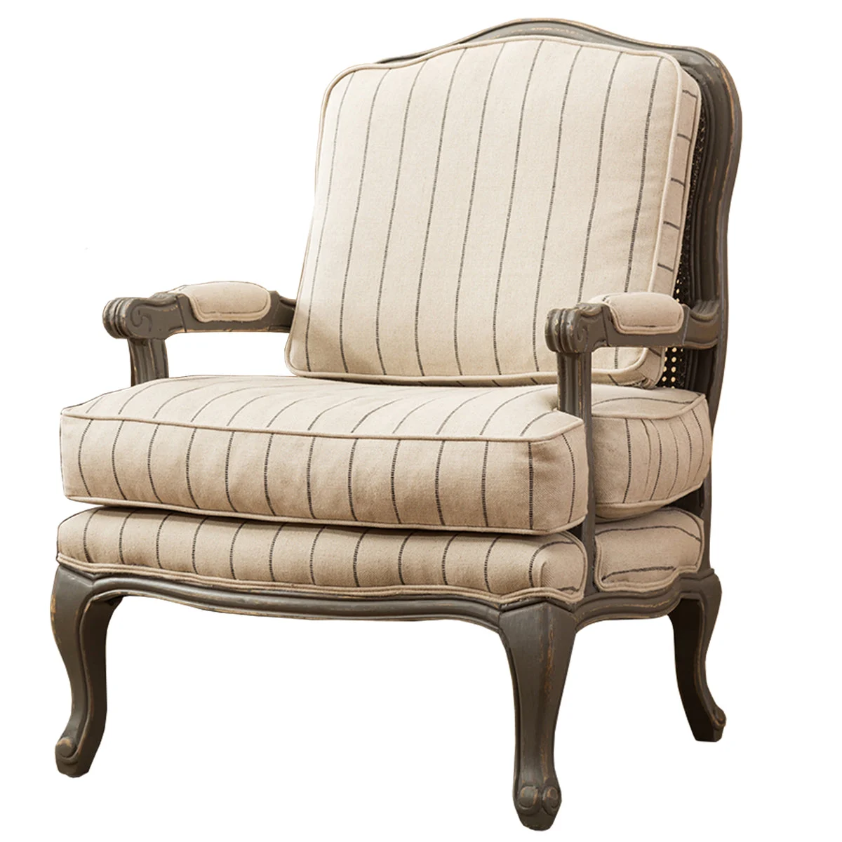 Benzara Striped Fabric Upholstered Arm Chair with Cabriole Legs, Cream and Brown