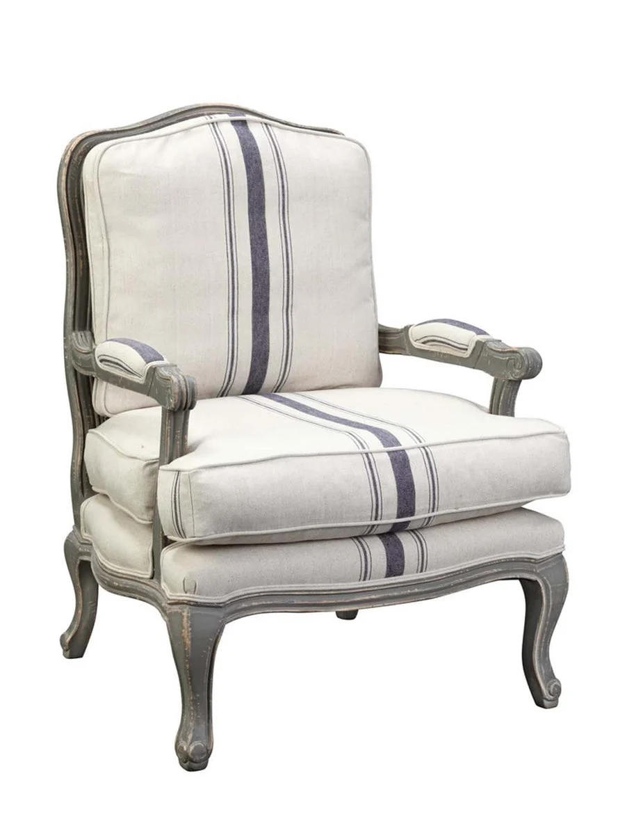 Benzara Fabric Upholstered Striped Accent Chair with Cabriole Legs, White and Blue