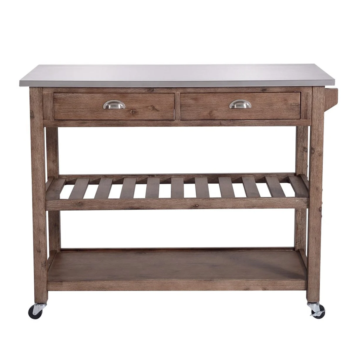 Benzara 2 Drawers Wooden Kitchen Cart with Metal Top and Casters, Gray and Brown