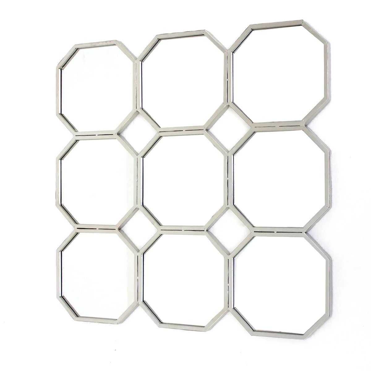 Benzara Metal Wall Mirror with Nine Connected Octagonal Mirror Shapes, Silver
