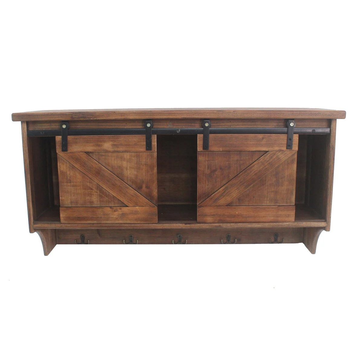 Benzara Wooden Wall Storage with 2 Sliding Doors and 5 Metal Hooks, Brown