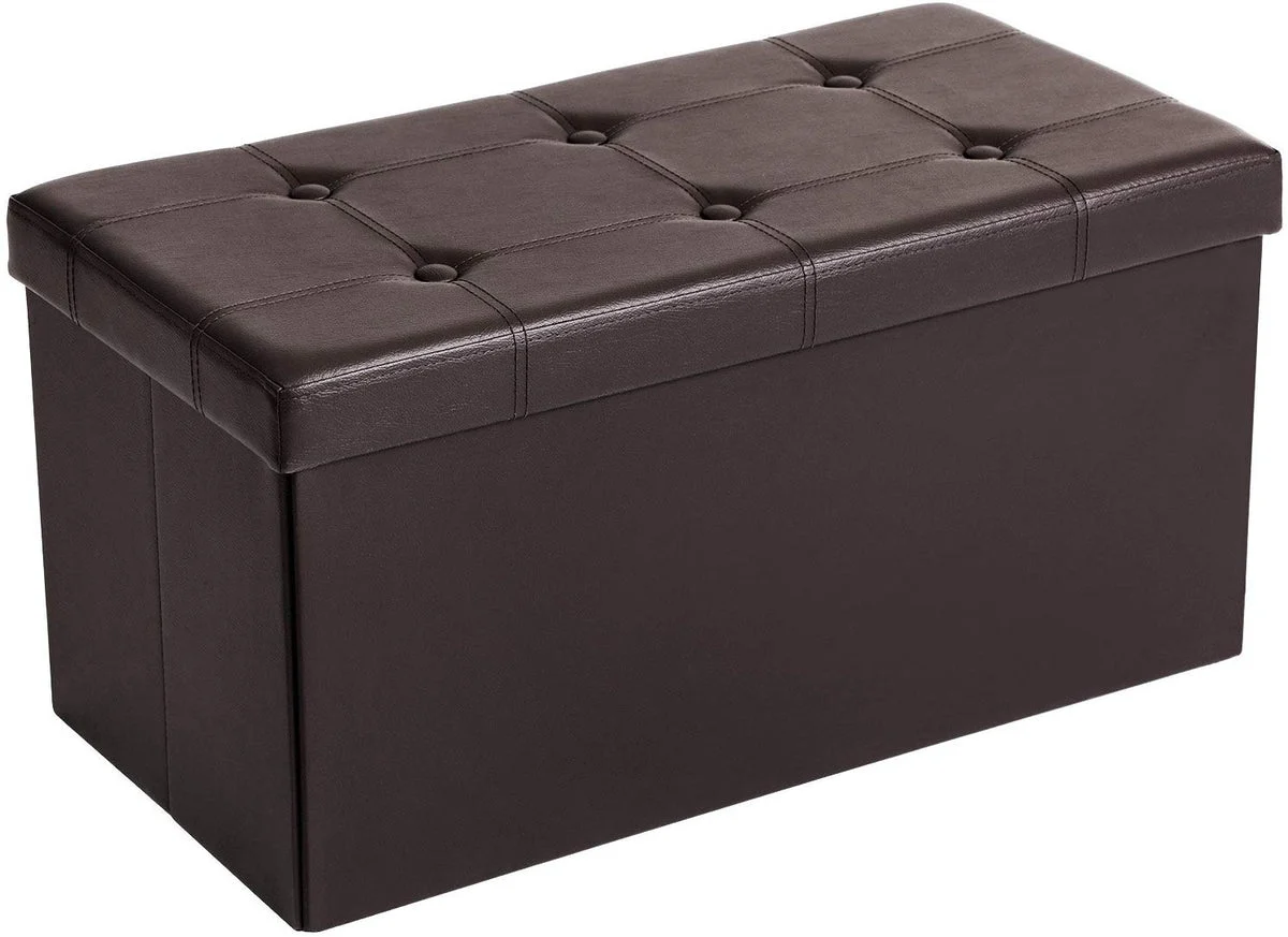 Benzara Button Tufted and Stitched Leatherette Storage Ottoman Bench, Brown