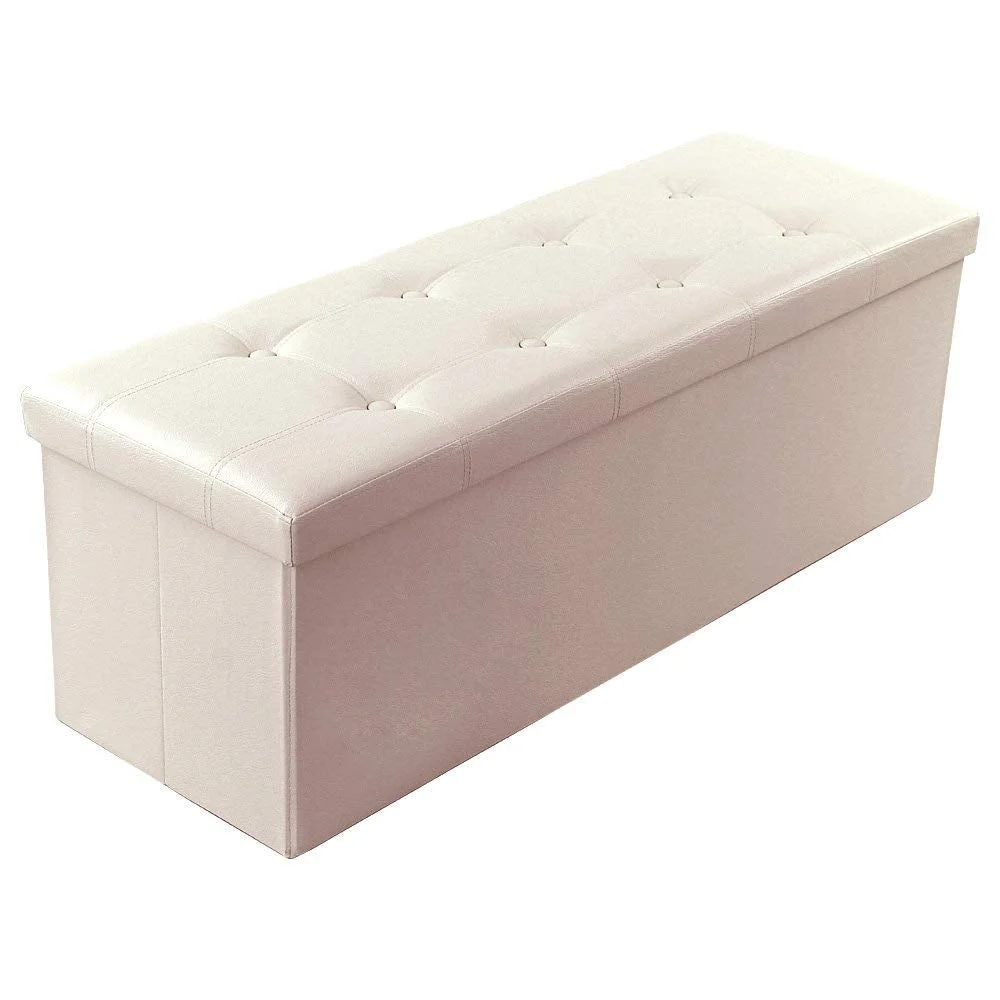 Benzara Rectangular Button Tufted Leatherette Storage Ottoman Bench, Beige