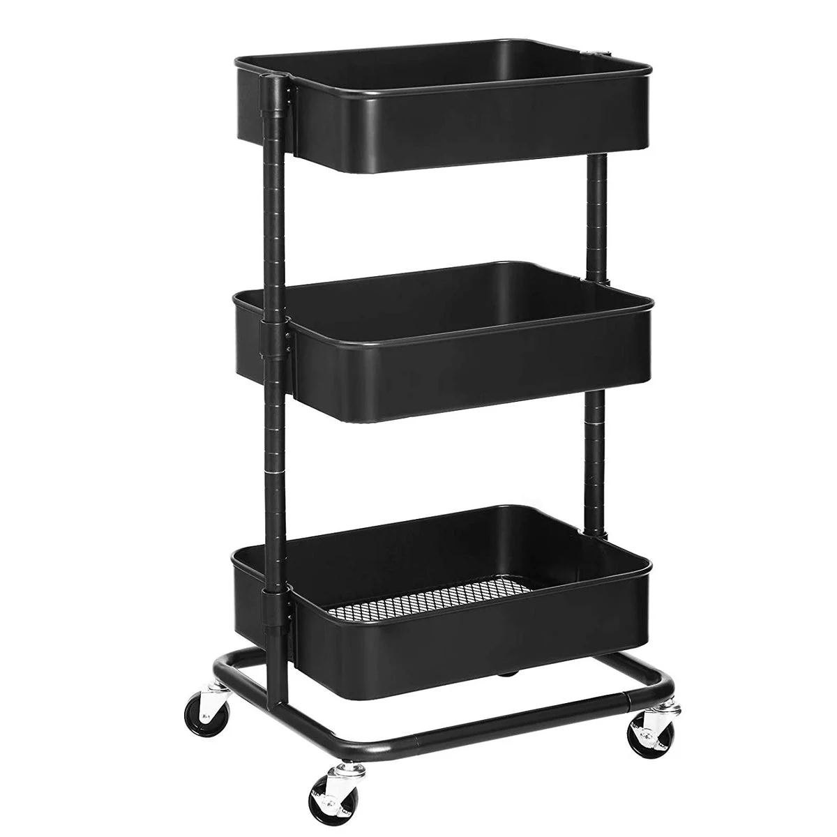 Benzara 3 Tier Metal Frame kitchen Cart with Casters and Adjustable Shelf, Black