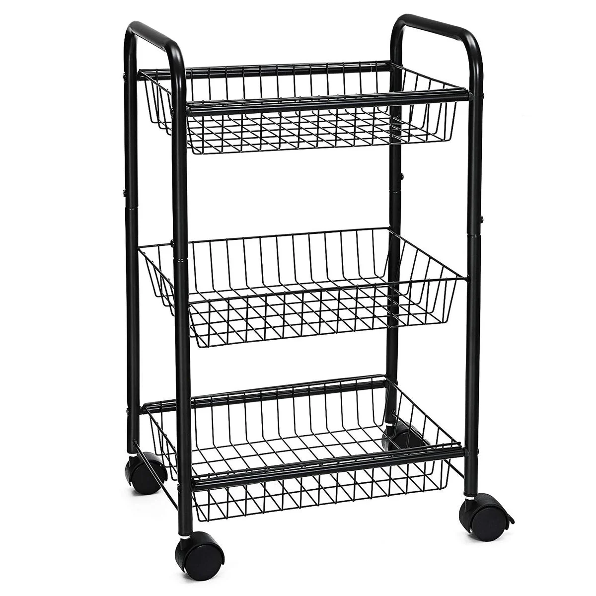 Benzara 3 Tier Metal Frame Kitchen Cart with Casters and Grid Details, Black