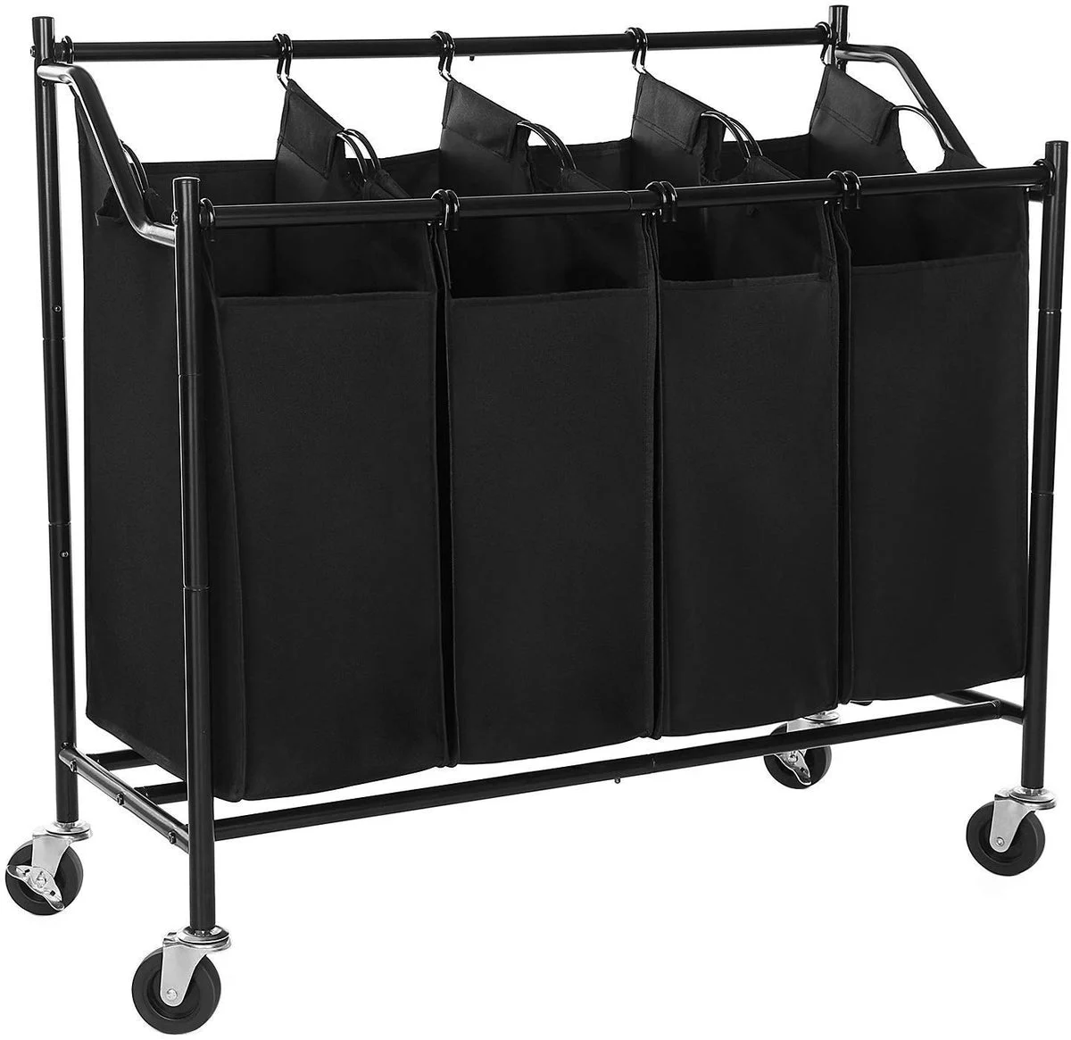 Benzara 4 Bag Metal Frame Laundry Storage Cart with Casters, Black