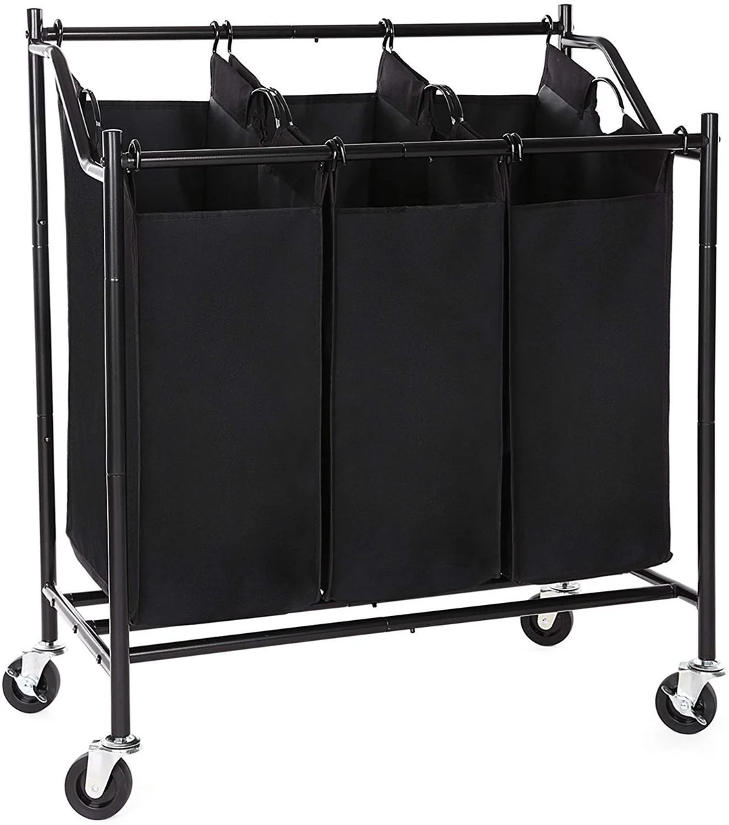 Benzara 3 Bag Metal Frame Laundry Storage Cart with Casters, Black