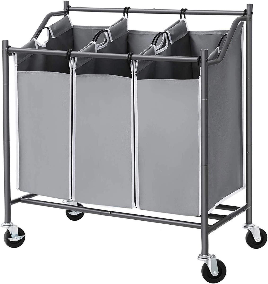 Benzara 3 Bag Metal Frame Laundry Hamper with Casters, Gray