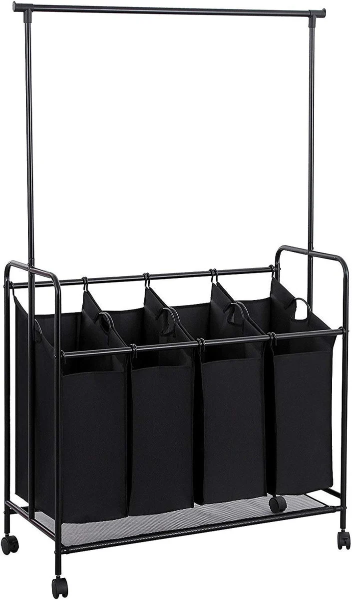 Benzara 4 Bag Metal Frame Laundry Storage Cart with Casters and Hanging Bar, Black