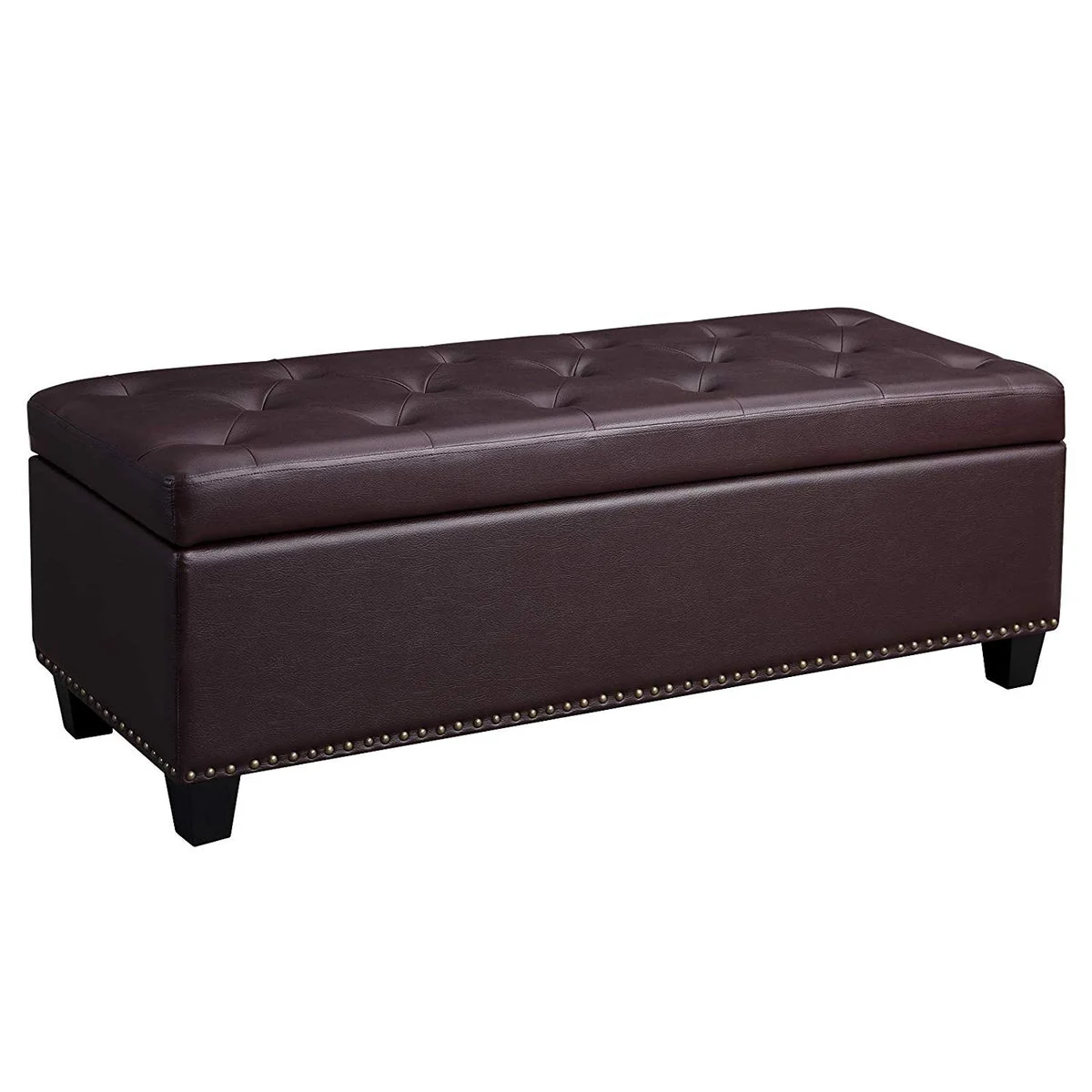 Benzara Nailhead Trim Tufted Leatherette Wooden Frame Storage Ottoman, Brown