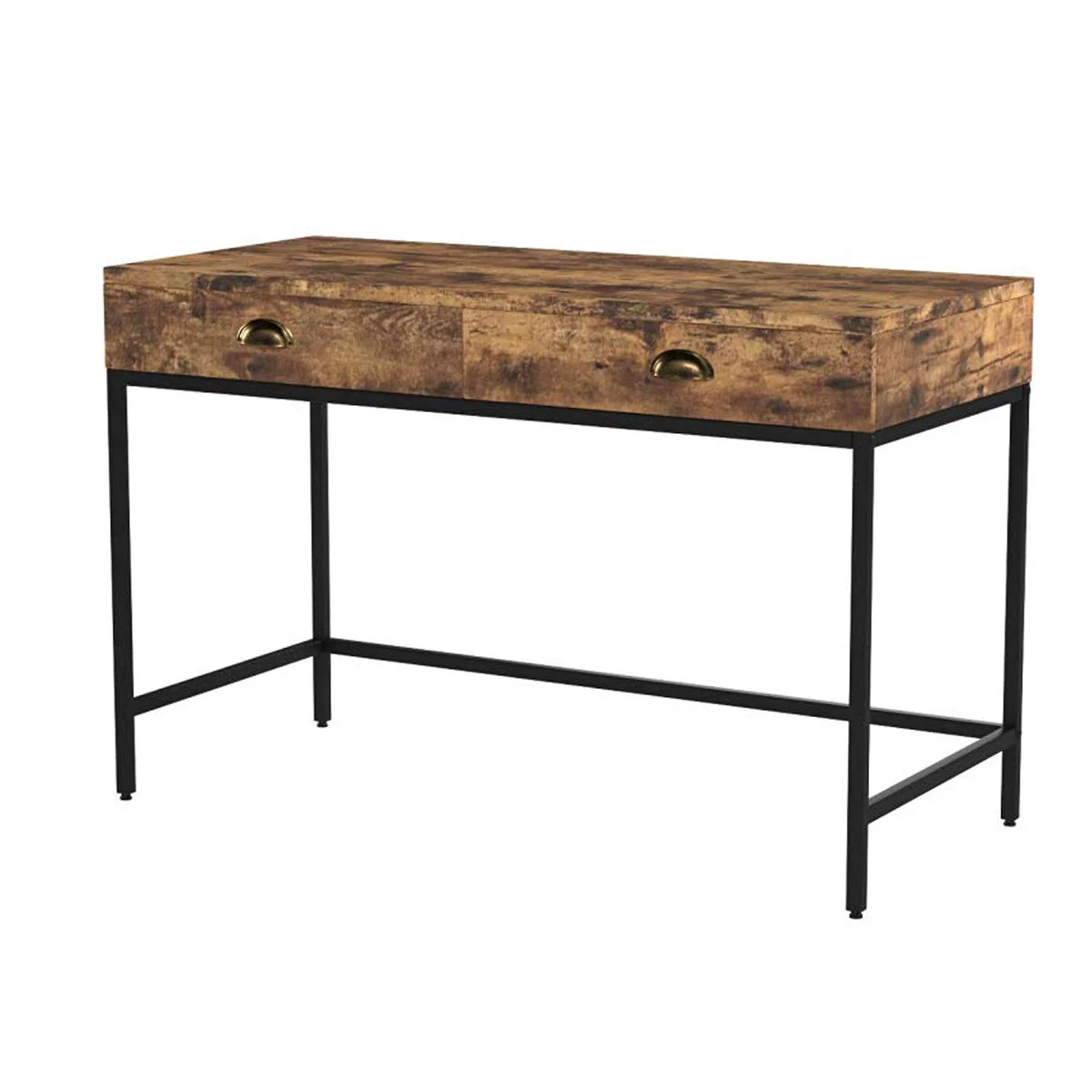 Benzara Industrial Grained Wooden Computer Desk with 2 Drawers, Brown and Black