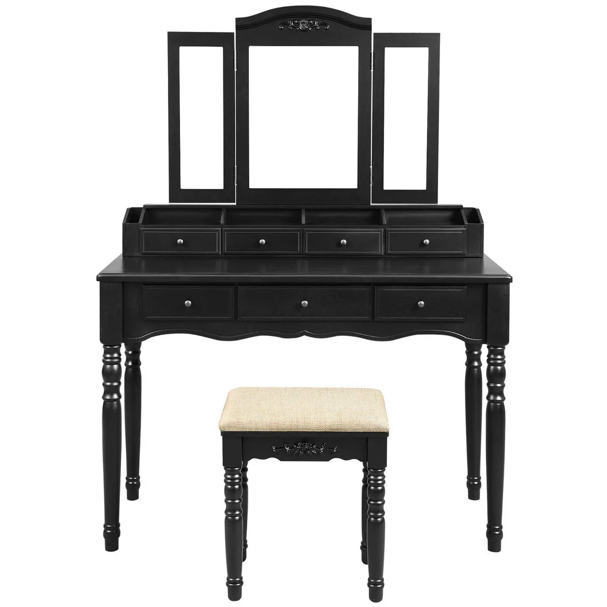 Benzara 3 Piece Wooden Vanity Set with Trifold Mirror and Padded Stool, Black