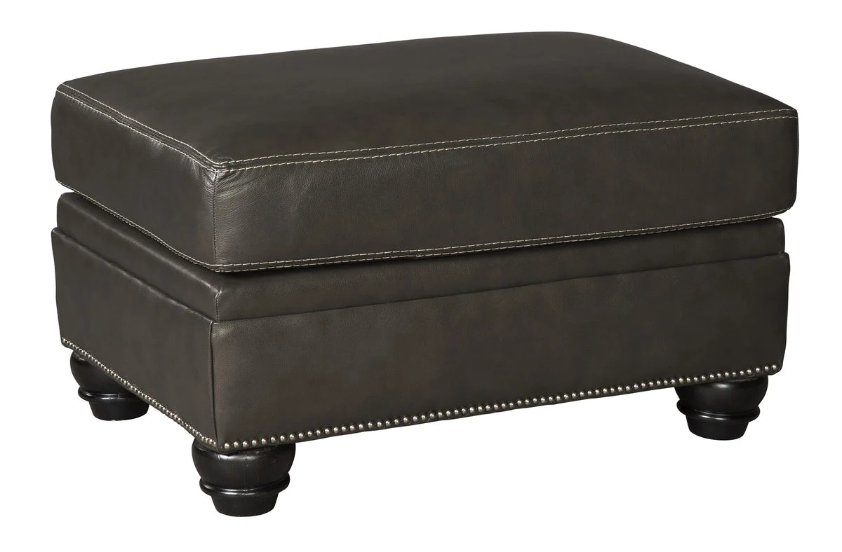 Benzara Fabric Upholstered Wooden Ottoman with Nail head Trims and Turned Legs, Gray