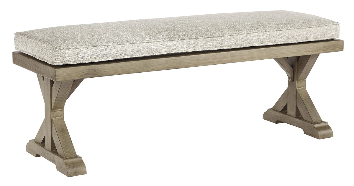 Benzara Dual Pedestal Aluminum Base Bench with Fabric Cushion Seat, Beige