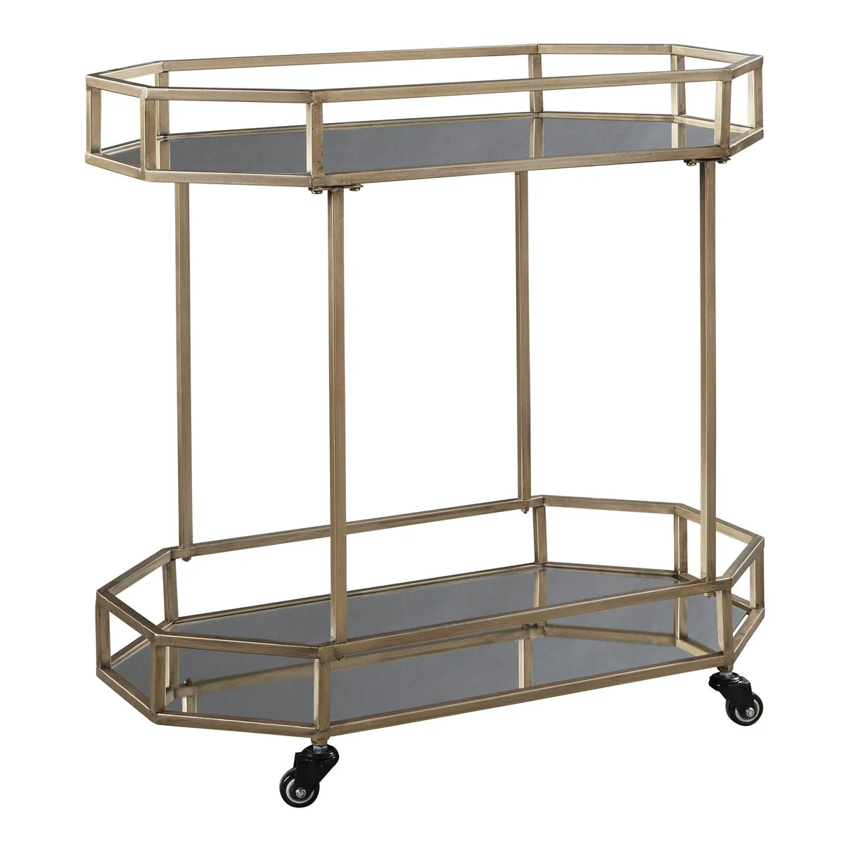Benzara Octagonal Metal Bar Cart with Mirrored Top and Bottom, Silver and Gold