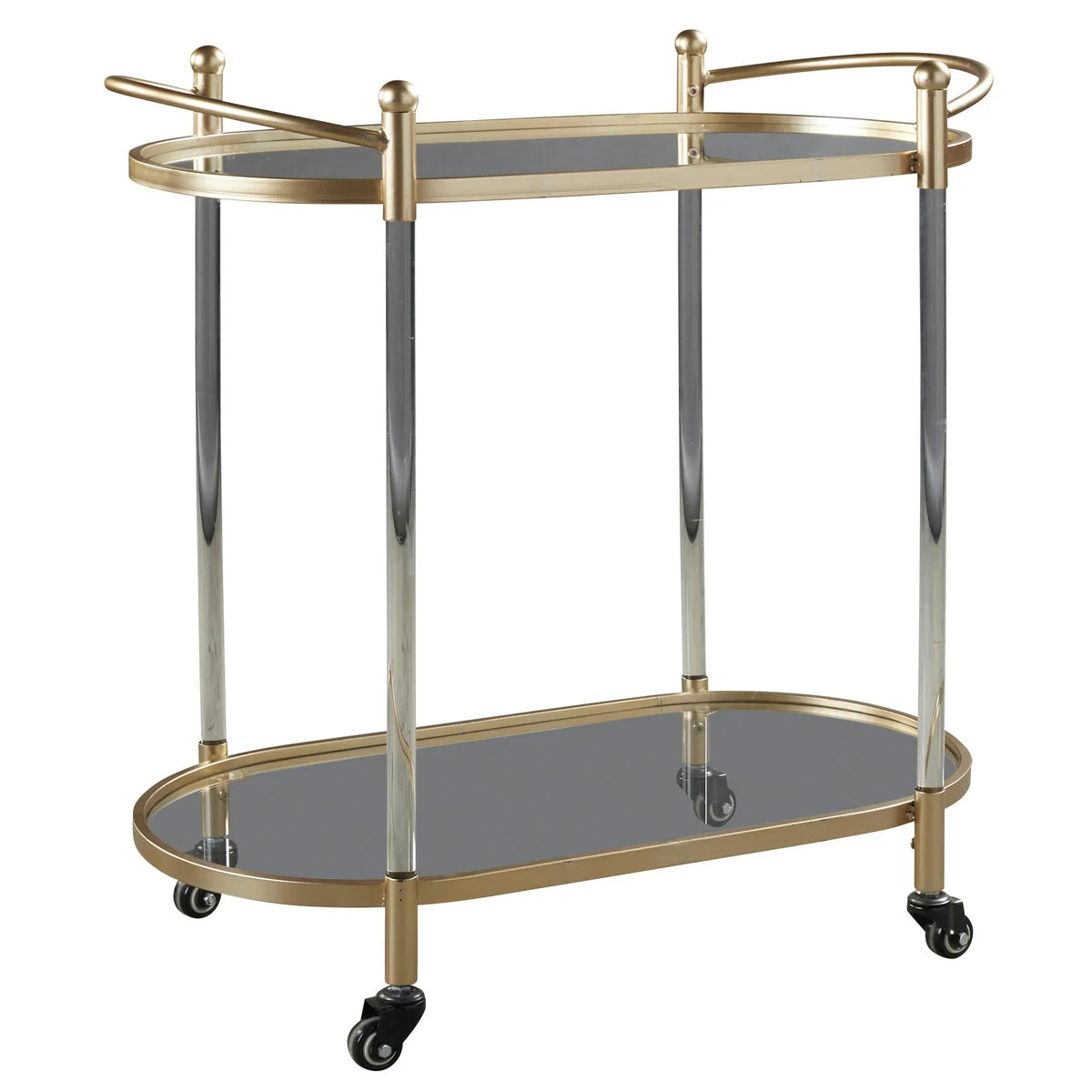 Benzara Metal Bar Cart with Oblong Tray Top and Bottom, Gold and Silver