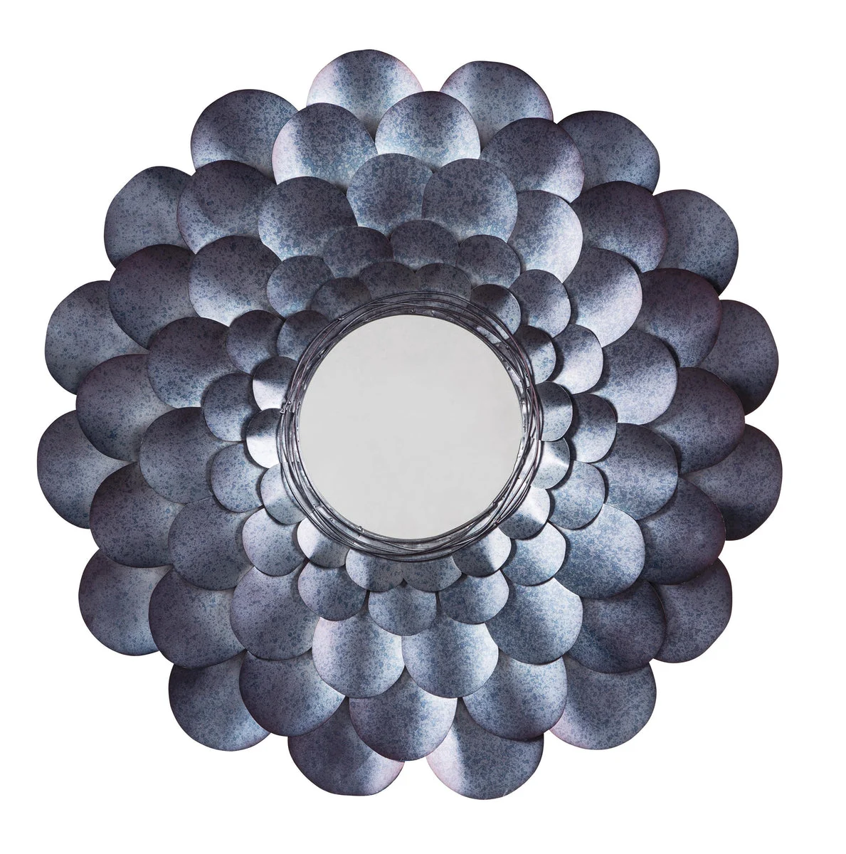 Benzara Round Metal Accent Mirror with Blooming Flower Shape, Blue and Silver