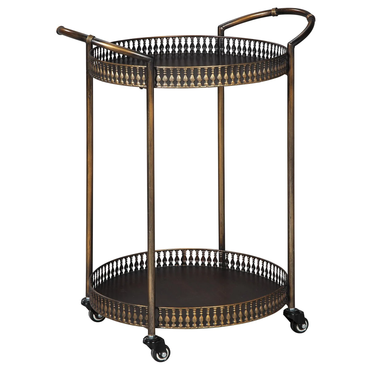 Benzara Round Tray Top Bar Cart with Spindle Railings and Curved Handles, Bronze